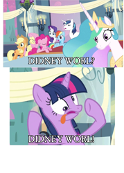 Size: 992x1388 | Tagged: safe, edit, edited screencap, screencap, applejack, fluttershy, pinkie pie, princess celestia, rainbow dash, rarity, shining armor, twilight sparkle, alicorn, earth pony, pegasus, pony, unicorn, a canterlot wedding, comic, derp, didney worl, faic, googly eyes, image macro, mane six, screencap comic, tongue out, wtf