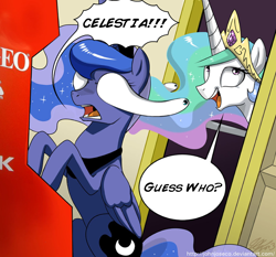 Size: 750x700 | Tagged: safe, artist:johnjoseco, artist:superedit, edit, princess celestia, princess luna, alicorn, pony, body horror, crown, detailed background, dialogue, door, duo, duo female, exploitable meme, eye pop, eye scream, female, females only, horn, jewelry, mare, meme, multicolored mane, neo geo celestia, open mouth, purple coat, regalia, royal sisters, siblings, signature, sisters, sitting, smiling, speech bubble, talking to each other, two toned mane, two toned tail, wat, white coat, wings