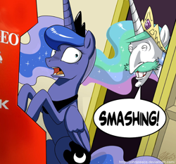 Size: 750x700 | Tagged: safe, artist:johnjoseco, edit, princess celestia, princess luna, alicorn, pony, crown, detailed background, dialogue, door, duo, duo female, ethereal mane, exploitable meme, female, females only, gamer luna, horn, jewelry, mare, meme, multicolored mane, neo geo celestia, nigel thornberry, open mouth, purple coat, regalia, royal sisters, siblings, signature, sisters, sitting, smashing (meme), smiling, speech bubble, starry mane, talking to each other, two toned mane, two toned tail, white coat, wings