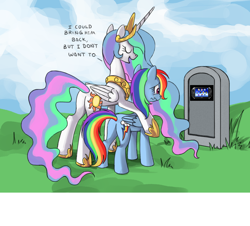 Size: 780x704 | Tagged: safe, princess celestia, rainbow dash, alicorn, pegasus, pony, butt, celestia's grave meme, exploitable meme, female, implied death, mare, playstation vita, plot