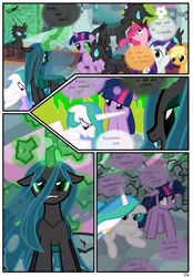 Size: 1741x2500 | Tagged: safe, artist:pyruvate, applejack, pinkie pie, princess celestia, queen chrysalis, rarity, twilight sparkle, alicorn, changeling, changeling queen, earth pony, pony, unicorn, comic:consumed love, comic, consumed love