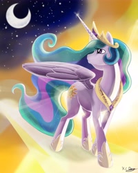 Size: 6000x7500 | Tagged: safe, artist:kcday, princess celestia, alicorn, pony, absurd resolution, looking back, moon, sky, smiling, solo, stars, walking, walking on sunshine