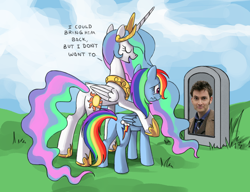 Size: 910x700 | Tagged: safe, princess celestia, rainbow dash, alicorn, pegasus, pony, butt, celestia's grave meme, david tennant, doctor who, exploitable meme, female, implied death, mare, plot, tenth doctor