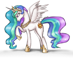 Size: 950x792 | Tagged: safe, artist:coughebeanz, princess celestia, alicorn, pony, crown, female, horn, mare, multicolored mane, multicolored tail, solo, white coat, white wings, wings