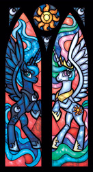 Size: 1809x3314 | Tagged: safe, artist:nenuiel, princess celestia, princess luna, alicorn, pony, contrast, female, mare, spread wings, stained glass, watermark, wings