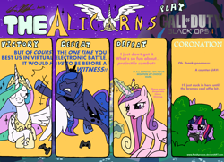 Size: 3282x2382 | Tagged: safe, artist:redapropos, princess cadance, princess celestia, princess luna, twilight sparkle, twilight sparkle (alicorn), alicorn, pony, alicorn tetrarchy, black ops 2, call of duty, female, mare, meta, video game