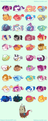 Size: 426x1079 | Tagged: safe, artist:pekou, apple bloom, applejack, babs seed, big macintosh, blossomforth, bon bon, braeburn, carrot top, cheerilee, derpy hooves, discord, dj pon-3, doctor whooves, fluttershy, gilda, golden harvest, granny smith, lyra heartstrings, minuette, octavia melody, photo finish, pinkie pie, princess cadance, princess celestia, princess luna, queen chrysalis, rainbow dash, rarity, scootaloo, spike, spitfire, sunshower raindrops, surprise, sweetie belle, sweetie drops, trixie, twilight sparkle, twilight sparkle (alicorn), vinyl scratch, zecora, alicorn, changeling, changeling queen, dragon, earth pony, griffon, pegasus, pony, unicorn, zebra, g1, blob, chubbie, cutie mark crusaders, female, green background, mane seven, mane six, mare, pinkamena diane pie, simple background