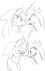 Size: 666x1037 | Tagged: safe, artist:zev, princess celestia, queen chrysalis, alicorn, changeling, changeling queen, pony, chryslestia, female, grayscale, horns are touching, kissing, lesbian, monochrome, shipping