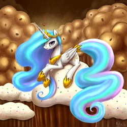 Size: 1500x1502 | Tagged: dead source, safe, artist:polkin, princess celestia, alicorn, pony, cupcake, female, mare, muffin, solo