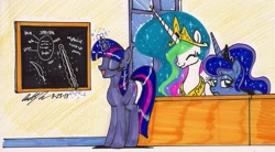 Size: 1685x928 | Tagged: safe, artist:newyorkx3, princess celestia, princess luna, twilight sparkle, alicorn, pony, chalkboard, traditional art