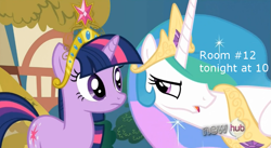 Size: 849x464 | Tagged: safe, screencap, princess celestia, twilight sparkle, alicorn, pony, big crown thingy, element of magic