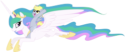 Size: 2749x1158 | Tagged: safe, artist:tenchi-outsuno, derpy hooves, princess celestia, alicorn, pegasus, pony, female, mare, ponies riding ponies