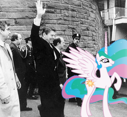 Size: 325x300 | Tagged: safe, princess celestia, alicorn, human, pony, duo, female, horn, mare, ponies in real life, ronald reagan, wings