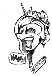 Size: 629x911 | Tagged: safe, artist:applepie5480, princess celestia, alicorn, pony, grayscale, laughing, monochrome, portrait, simple background, solo