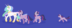 Size: 2500x1000 | Tagged: safe, artist:geomancing, princess celestia, twilight sparkle, twilight sparkle (alicorn), unicorn twilight, alicorn, pony, unicorn, age progression, blue background, female, filly, filly twilight sparkle, mare, multeity, simple background, younger