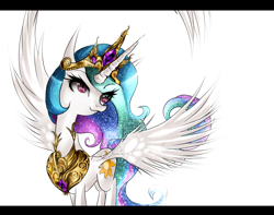 Size: 5000x3943 | Tagged: safe, artist:caramelflower, princess celestia, alicorn, pony, crown, female, horn, mare, multicolored mane, multicolored tail, solo, white coat, white wings, wings