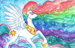 Size: 1000x648 | Tagged: safe, artist:quidfish, princess celestia, alicorn, pony, female, horn, mare, multicolored mane, solo, traditional art, white coat