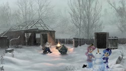 Size: 1920x1080 | Tagged: safe, edit, princess celestia, princess luna, human, humanized, s.t.a.l.k.e.r., snow, snowfall, snowman