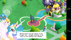 Size: 1280x720 | Tagged: safe, princess celestia, queen chrysalis, rainbow dash, alicorn, changeling, changeling queen, pegasus, pony, android, error, female, game screencap, gameloft, glitch, speech bubble, text, tyrant celestia