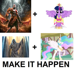 Size: 895x835 | Tagged: safe, princess celestia, twilight sparkle, twilight sparkle (alicorn), alicorn, pony, exploitable meme, female, god of war, kratos, make it happen, mare, zeus