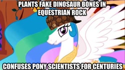 Size: 625x352 | Tagged: safe, princess celestia, alicorn, dinosaur, pony, hat, insane fan theory, meme, omphalos hypothesis, scumbag celestia, scumbag hat, solo, trollestia