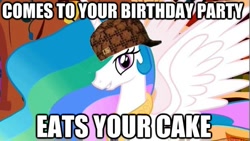 Size: 619x348 | Tagged: safe, princess celestia, alicorn, pony, birthday, cake, cakelestia, hat, meme, scumbag celestia, scumbag hat, solo, trollestia