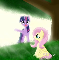 Size: 1280x1294 | Tagged: safe, artist:navokin, derpibooru import, fluttershy, twilight sparkle, twilight sparkle (alicorn), alicorn, pegasus, pony, crepuscular rays, cute, duo, female, folded wings, grass, greeting, hello, looking at each other, mare, open mouth, outdoors, raised hoof, shyabetes, sitting, smiling, standing, tree, twiabetes, under the tree, wings