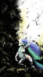 Size: 670x1192 | Tagged: safe, artist:chiapetofdoom, princess celestia, alicorn, anthro, pony, female, horn, mare, multicolored mane, solo, white coat