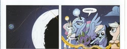 Size: 2024x786 | Tagged: safe, artist:amy mebberson, idw, applejack, princess celestia, princess luna, rainbow dash, spike, alicorn, dragon, earth pony, pegasus, pony, spoiler:comic, celestial mechanics, moon, rope, s1 luna, space