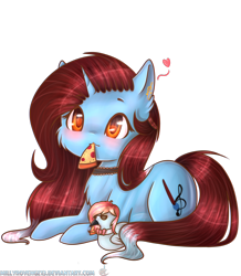 Size: 2200x2527 | Tagged: safe, artist:bambudess, artist:millyrovenge13, derpibooru import, oc, oc only, pony, collaboration, blushing, choker, female, food, heart, mare, pizza, simple background, transparent background