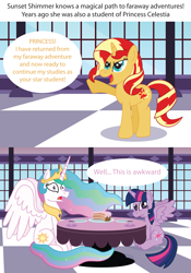 Size: 2503x3568 | Tagged: safe, artist:t-3000, princess celestia, sunset shimmer, twilight sparkle, twilight sparkle (alicorn), alicorn, pony, unicorn, cake, comic, dialogue, hilarious in hindsight