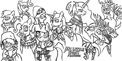 Size: 2000x1000 | Tagged: safe, artist:monoglyph, applejack, discord, fluttershy, king sombra, pinkie pie, princess celestia, queen chrysalis, rainbow dash, rarity, shining armor, twilight sparkle, alicorn, changeling, changeling queen, earth pony, pegasus, pony, unicorn, aversa, chrom, donnel, emmeryn, fire emblem, fire emblem: awakening, gangrel, henry (fire emblem), lineart, maribelle, monochrome, olivia, ponified, robin (fire emblem), sully (fire emblem), validar, walhart