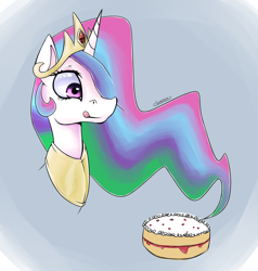 Size: 1258x1324 | Tagged: safe, artist:eshredder, princess celestia, alicorn, pony, bust, cake, cakelestia, eyes on the prize, food, hair over one eye, licking lips, smiling, solo, tongue out, wide eyes