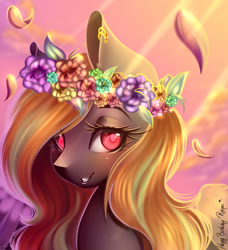 Size: 2300x2527 | Tagged: safe, artist:bambudess, derpibooru import, oc, oc only, oc:hibiki blackwing, pony, ear piercing, female, floral head wreath, flower, gift art, looking at you, mare, piercing, smiling, solo