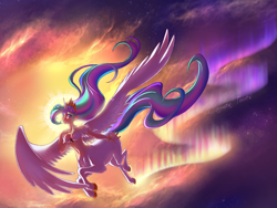 Size: 1024x768 | Tagged: safe, artist:artofcarmen, artist:dark-cyrin, princess celestia, centaur, ponytaur, alicentaur, aurora borealis, backlighting, belly button, flying, looking at you, smiling, spread wings, windswept mane