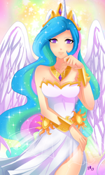 Size: 1500x2500 | Tagged: safe, artist:feli, princess celestia, human, bare shoulders, clothes, dress, eared humanization, female, horned humanization, humanized, looking at you, pixiv, side slit, smiling, solo, winged humanization