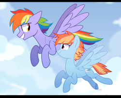 Size: 2466x2000 | Tagged: safe, artist:yaaaco, derpibooru import, bow hothoof, windy whistles, pony, cloud, couple, female, flying, male, mare, rainbow dash's parents, shipping, sky, stallion, windyhoof, younger