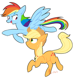 Size: 1800x1857 | Tagged: safe, artist:yaaaco, derpibooru import, applejack, rainbow dash, earth pony, pegasus, pony, cowboy hat, female, flying, hat, looking at each other, running, simple background, white background