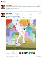 Size: 520x720 | Tagged: safe, candy mane, ponet, princess celestia, goldlight sparkle, m.a. larson, nicole oliver, twitter