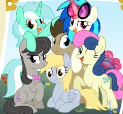 Size: 5094x4700 | Tagged: safe, artist:yaaaco, derpibooru import, bon bon, derpy hooves, dj pon-3, doctor whooves, lyra heartstrings, octavia melody, sweetie drops, vinyl scratch, earth pony, pegasus, pony, unicorn, absurd resolution, background six, female, group, looking at you, male, mane six opening poses, mare, prone, smiling, stallion