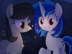 Size: 2048x1556 | Tagged: safe, artist:yaaaco, derpibooru import, dj pon-3, octavia melody, vinyl scratch, earth pony, firefly (insect), pony, unicorn, female, happy, mare, missing accessory, night, smiling