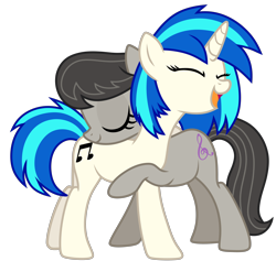 Size: 3900x3700 | Tagged: safe, artist:yaaaco, derpibooru import, dj pon-3, octavia melody, vinyl scratch, earth pony, pony, unicorn, eyes closed, female, hug, lesbian, mare, scratchtavia, shipping, simple background, smiling