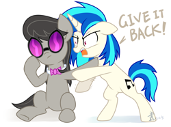 Size: 1800x1340 | Tagged: safe, artist:yaaaco, derpibooru import, dj pon-3, octavia melody, vinyl scratch, earth pony, pony, unicorn, accessory theft, female, grammar error, mare, simple background, sunglasses