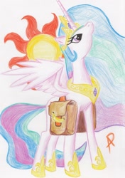 Size: 1280x1819 | Tagged: safe, artist:arxuicy, princess celestia, alicorn, pony, banana, banana bag, solo, sun, traditional art