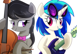 Size: 1713x1205 | Tagged: safe, artist:yaaaco, derpibooru import, dj pon-3, octavia melody, vinyl scratch, earth pony, pony, unicorn, bowtie, electric guitar, female, guitar, horn, mare, musical instrument, simple background, sunglasses, violin, white background