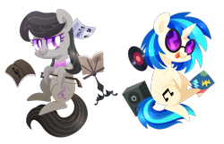 Size: 3000x1928 | Tagged: safe, artist:yaaaco, derpibooru import, dj pon-3, octavia melody, vinyl scratch, earth pony, pony, unicorn, bow (instrument), bowtie, cello bow, cutie mark, female, horn, lineless, mare, pointy ponies, record, simple background, smiling, sunglasses, transparent background