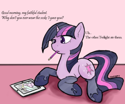 Size: 1202x1000 | Tagged: safe, artist:thattagen, princess celestia, twilight sparkle, alicorn, pony, clothes, dialogue, ipad, mouth hold, pocky, socks, sockypockytwi