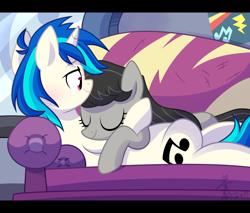 Size: 2000x1700 | Tagged: safe, artist:yaaaco, derpibooru import, dj pon-3, octavia melody, vinyl scratch, earth pony, pony, unicorn, cute, eyes closed, female, lesbian, mare, on back, prone, scratchtavia, shipping, sleeping