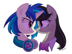 Size: 2000x1500 | Tagged: safe, artist:yaaaco, derpibooru import, dj pon-3, octavia melody, vinyl scratch, earth pony, pony, female, headphones, lesbian, looking at each other, mare, scratchtavia, shipping, simple background, smiling, transparent background