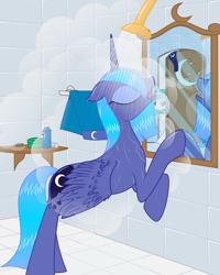 Size: 2862x3583 | Tagged: safe, artist:rusilis, princess celestia, princess luna, alicorn, pony, :p, floppy ears, mirror, s1 luna, shower, smiling, wet mane